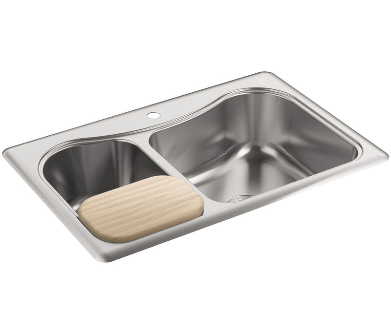 STACCATO™ 33 X 22 X 8-5/16 INCHES TOP-MOUNT LARGE/MEDIUM DOUBLE-BOWL KITCHEN SINK WITH SINGLE FAUCET HOLE