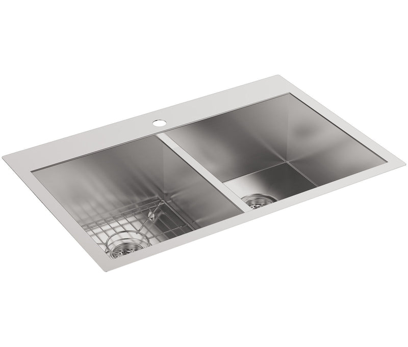 VAULT™ 33 X 22 X 9-5/16 INCHES TOP-/UNDER-MOUNT DOUBLE-EQUAL BOWL KITCHEN SINK WITH SINGLE FAUCET HOLE