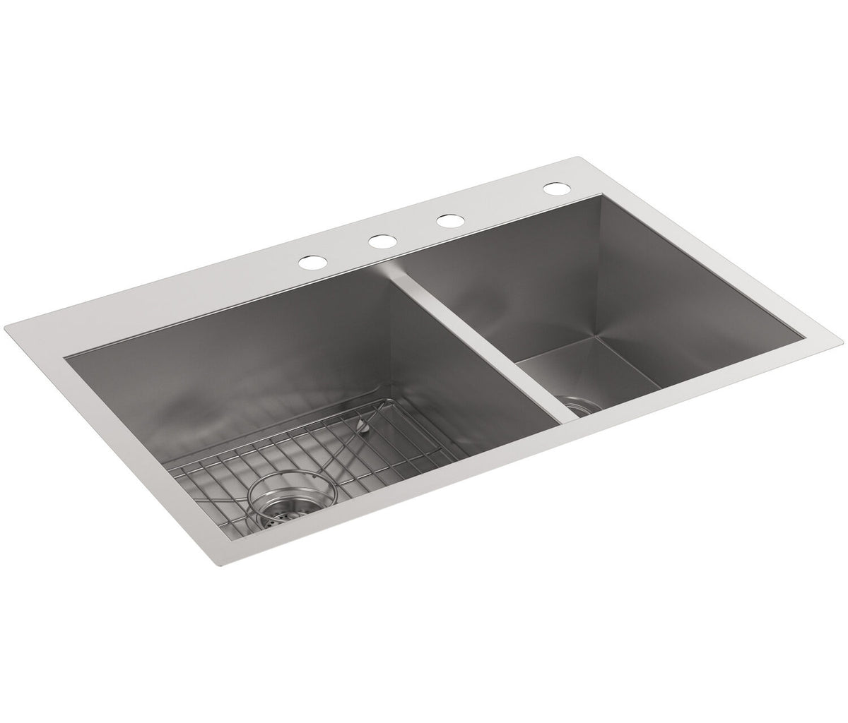 VAULT™ 33 X 22 X 9-5/16 INCHES TOP-/UNDER-MOUNT LARGE/MEDIUM DOUBLE-BOWL KITCHEN SINK WITH 4 FAUCET HOLES