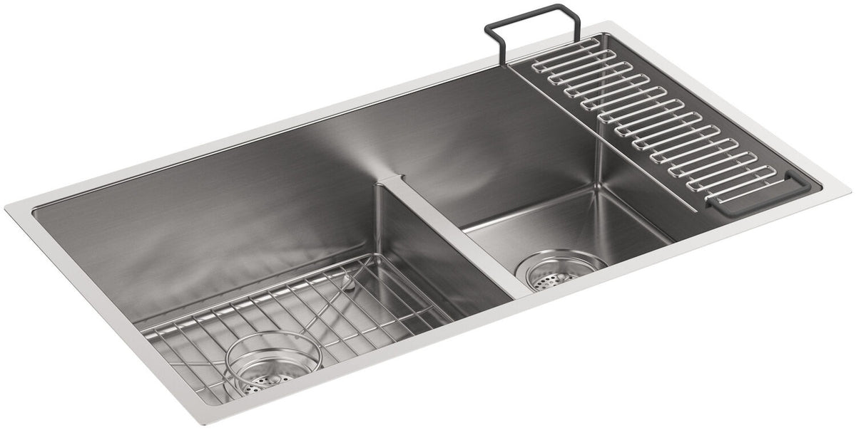 STRIVE® 32 X 18-5/16 X 9-5/16 INCHES SMART DIVIDE® UNDER-MOUNT LARGE/MEDIUM DOUBLE-BOWL KITCHEN SINK WITH SINK RACK