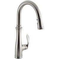BELLERA(R) SINGLE-HOLE OR THREE-HOLE KITCHEN SINK FAUCET WITH PULL-DOWN 16-3/4-INCH SPOUT AND RIGHT-HAND LEVER HANDLE, DOCKNETIK(R) MAGNETIC DOCKING SYSTEM, AND A 3-FUNCTION SPRAYHEAD FEATURING SWEEP(R) SPRAY