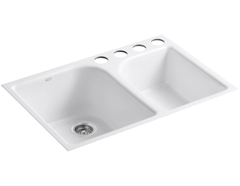 EXECUTIVE CHEF™ 33 X 22 X 10-5/8 INCHES UNDER-MOUNT LARGE/MEDIUM, HIGH/LOW DOUBLE-BOWL KITCHEN SINK WITH 4 OVERSIZE FAUCET HOLES