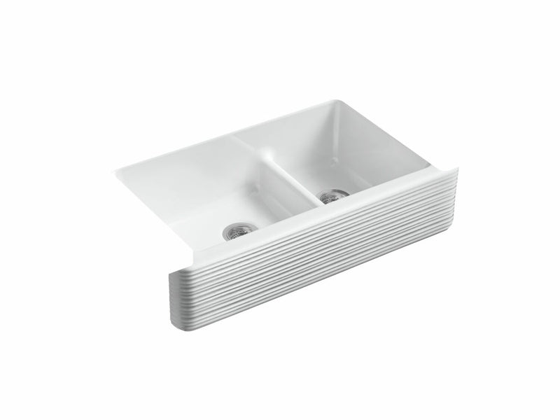 WHITEHAVEN® SELF-TRIMMING® SMART DIVIDE® 35-11/16 X 21-9/16 X 9-5/8 INCHES UNDER-MOUNT LARGE/MEDIUM DOUBLE-BOWL KITCHEN SINK WITH TALL APRON AND HAYRIDGE® DESIGN