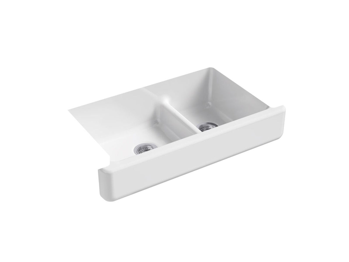 WHITEHAVEN® SELF-TRIMMING® SMART DIVIDE® 35-1/2 X 21-9/16 X 9-5/8 INCHES UNDER-MOUNT LARGE/MEDIUM DOUBLE-BOWL KITCHEN SINK WITH SHORT APRON