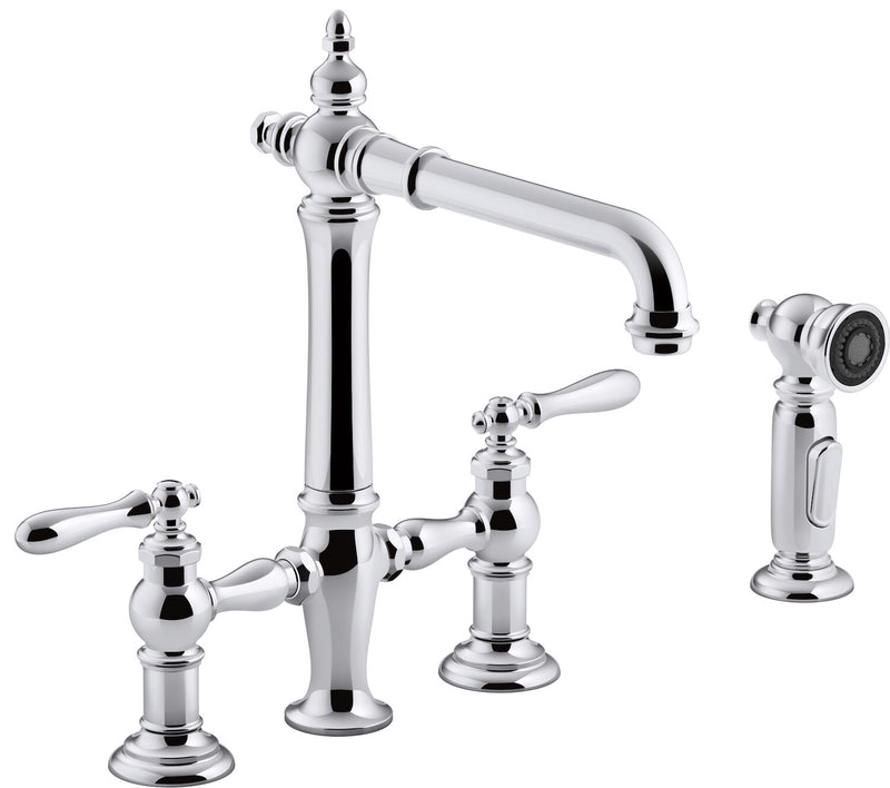 ARTIFACTS® DECK-MOUNT BRIDGE KITCHEN SINK FAUCET WITH LEVER HANDLES AND SIDESPRAY