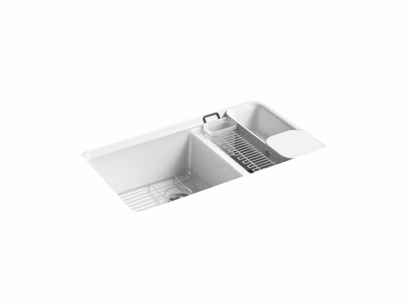 RIVERBY® 33 X 22 X 9-5/8 INCHES UNDER-MOUNT LARGE/MEDIUM DOUBLE-BOWL KITCHEN SINK WITH ACCESSORIES AND 5 OVERSIZED FAUCET HOLES