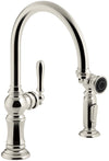 ARTIFACTS® 2-HOLE KITCHEN SINK FAUCET WITH 14-11/16-INCH SWING SPOUT AND MATCHING FINISH TWO-FUNCTION SIDE-SPRAY WITH SWEEP® AND BERRYSOFT® SPRAY, ARC SPOUT DESIGN
