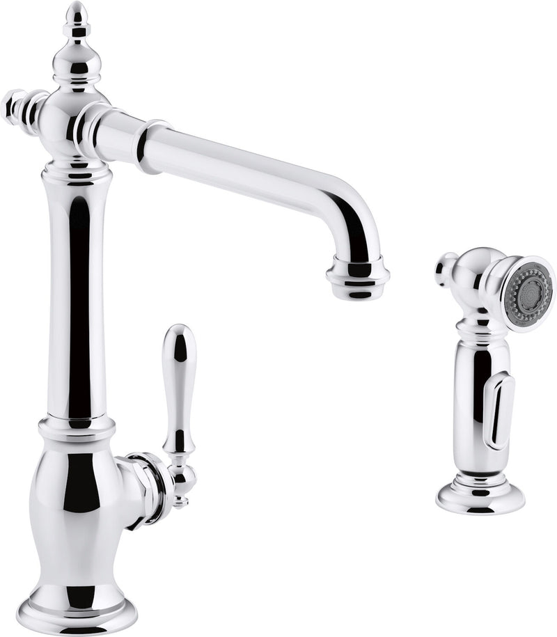 ARTIFACTS® 2-HOLE KITCHEN SINK FAUCET WITH 13-1/2-INCH SWING SPOUT AND MATCHING FINISH TWO-FUNCTION SIDESPRAY WITH SWEEP® AND BERRYSOFT® SPRAY, VICTORIAN SPOUT DESIGN