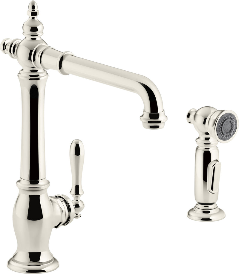ARTIFACTS® 2-HOLE KITCHEN SINK FAUCET WITH 13-1/2-INCH SWING SPOUT AND MATCHING FINISH TWO-FUNCTION SIDESPRAY WITH SWEEP® AND BERRYSOFT® SPRAY, VICTORIAN SPOUT DESIGN