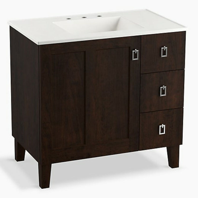 POPLIN® 36-INCH BATHROOM VANITY CABINET WITH LEGS, 1 DOOR AND 3 DRAWERS ON RIGHT