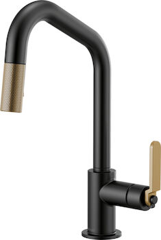 LITZE PULL-DOWN FAUCET WITH ANGLED SPOUT AND INDUSTRIAL HANDLE, Matte Black/Luxe Gold, large